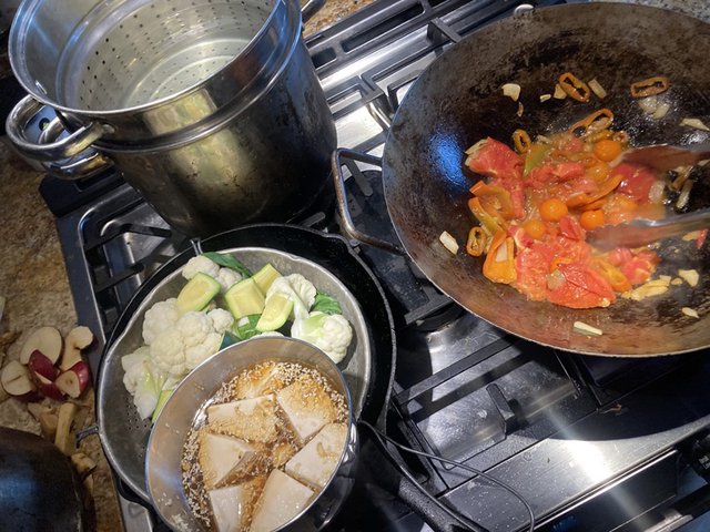 Pot sticker stir fry with tomato tofu sauce and vegetables