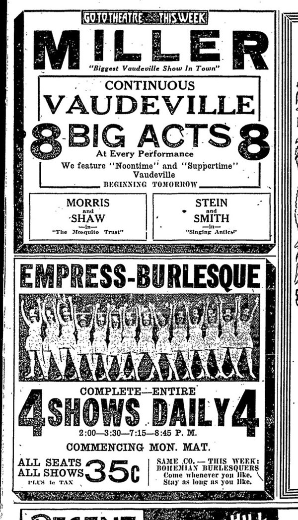 Milwaukee Journal burlesque ad Jan. 15, 1922