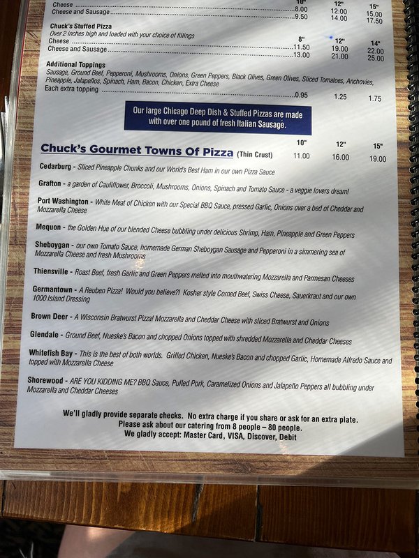 Chuck's Place menu