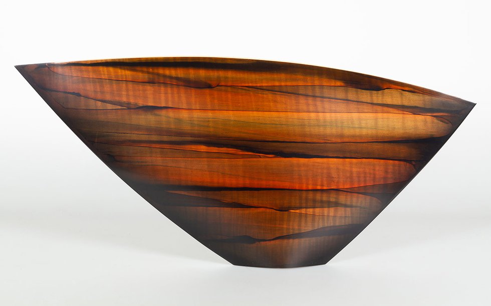 'Low Rift Brazil Vase' sycamore veneer with stain by Colin Schleeh