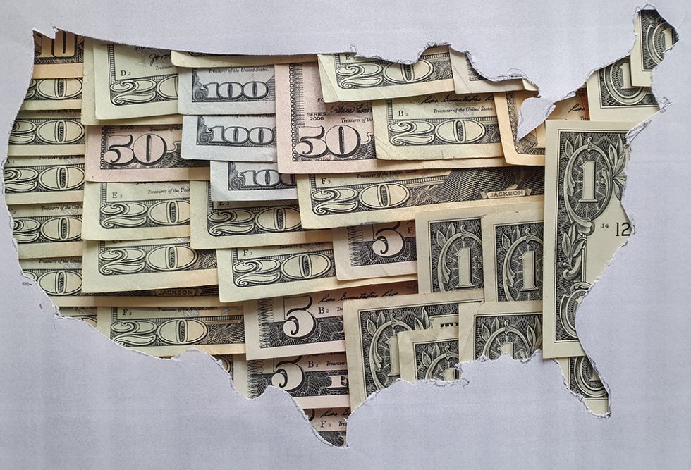 United States outline with money