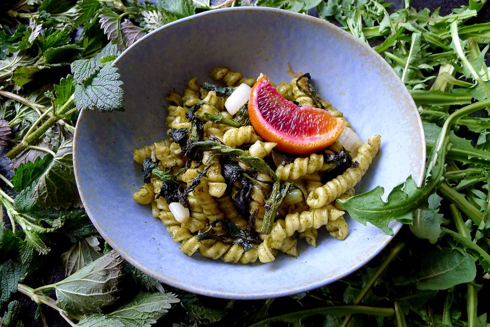 Fusilli tossed with Savage Pesto and fried nettles