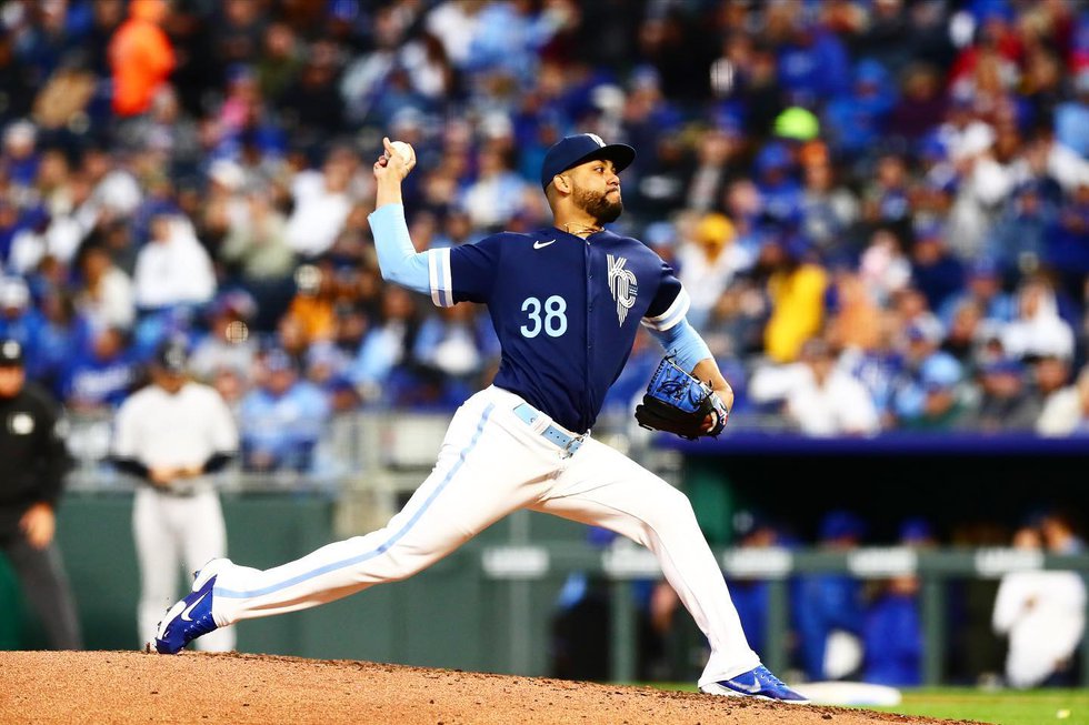 Joel Payamps pitching for Kansas City