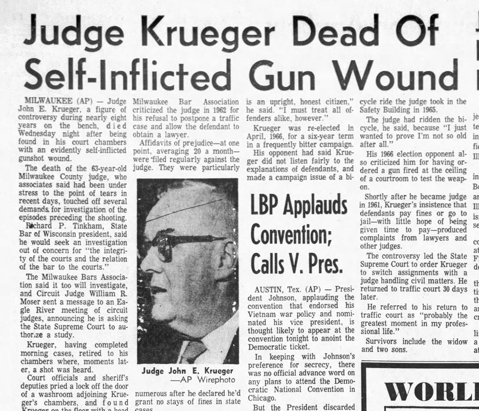 Judge John E. Krueger headline Aug. 29, 1968