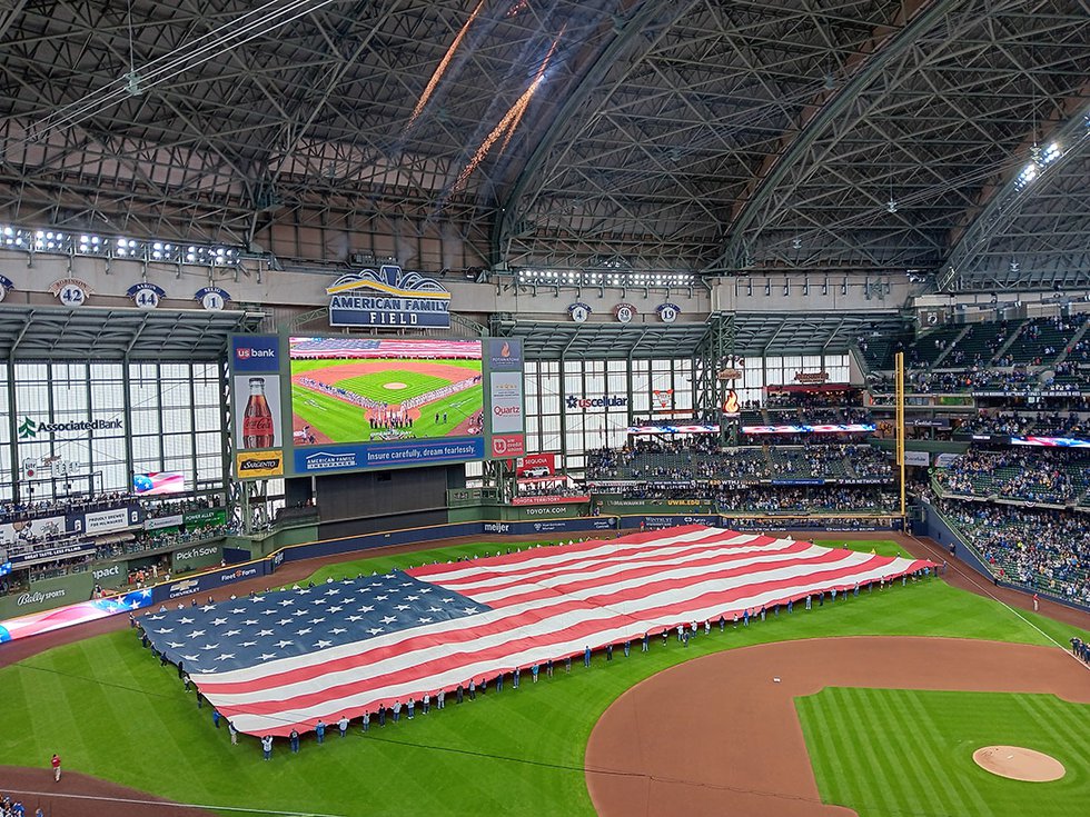 American Family Field with giant US flag