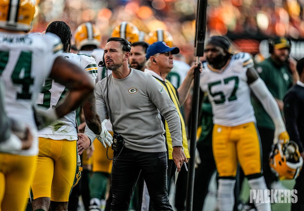 Matt LaFleur and Romeo Doubs on the sideline vs. the Broncos