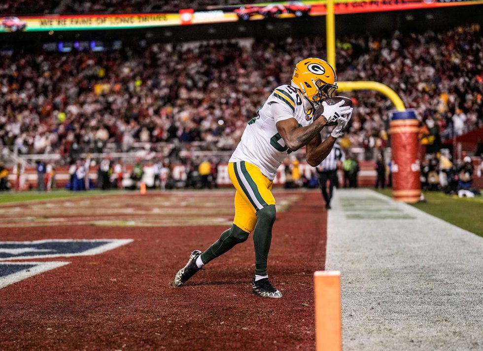 Bo Melton scoring vs the 49ers, Jan. 21, 2024