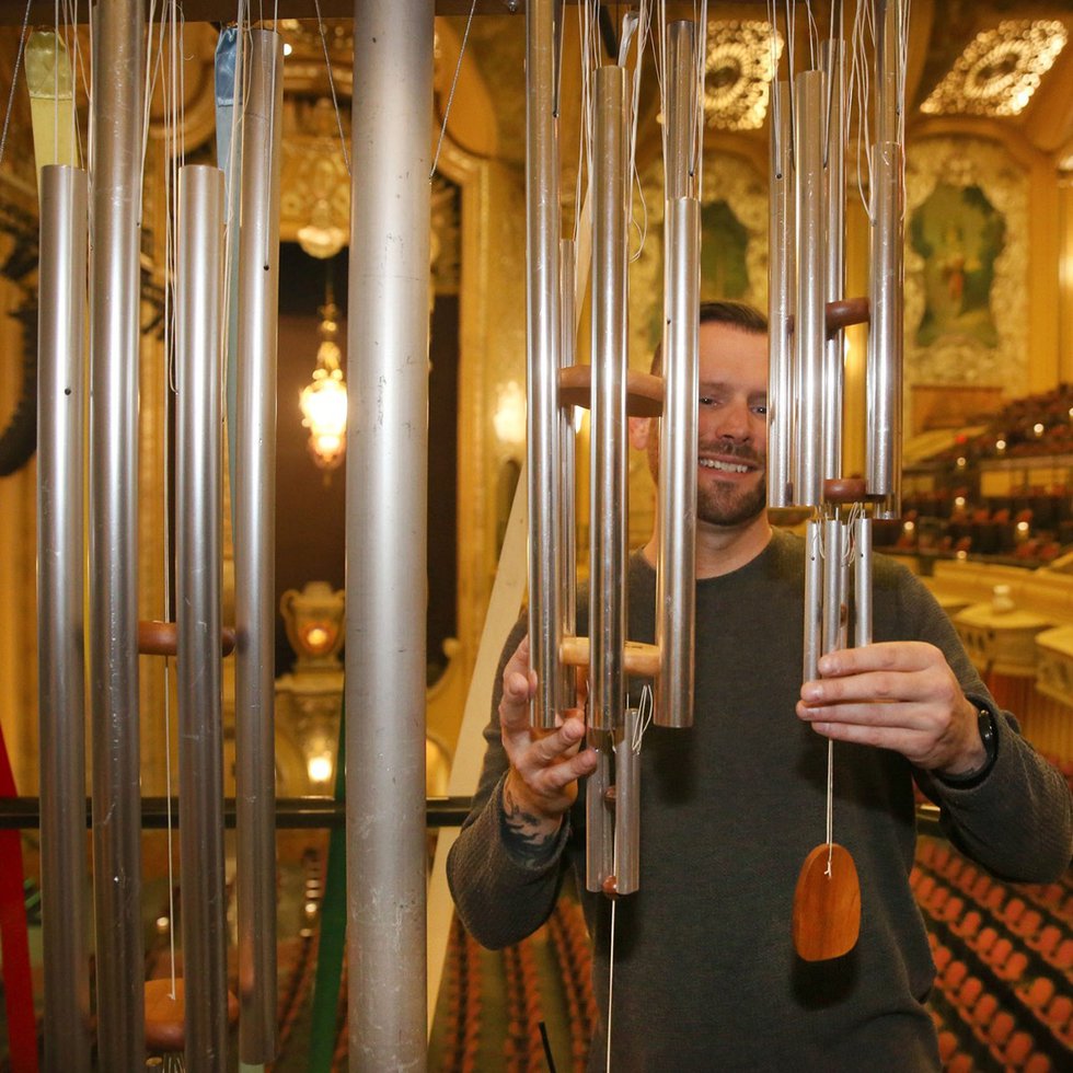 Setting up the bells for Takemitsu's "From me flows what you call Time"