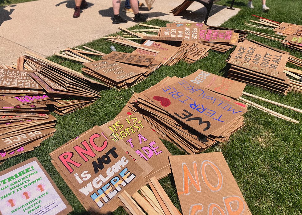 Republican National Convention protest signs July 15, 2024 in Milwaukee