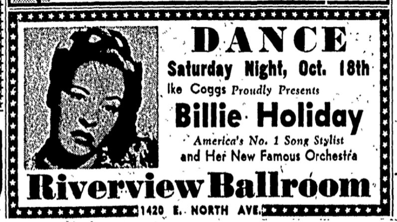 Ad for Billie Holiday at the Riverview Ballroom