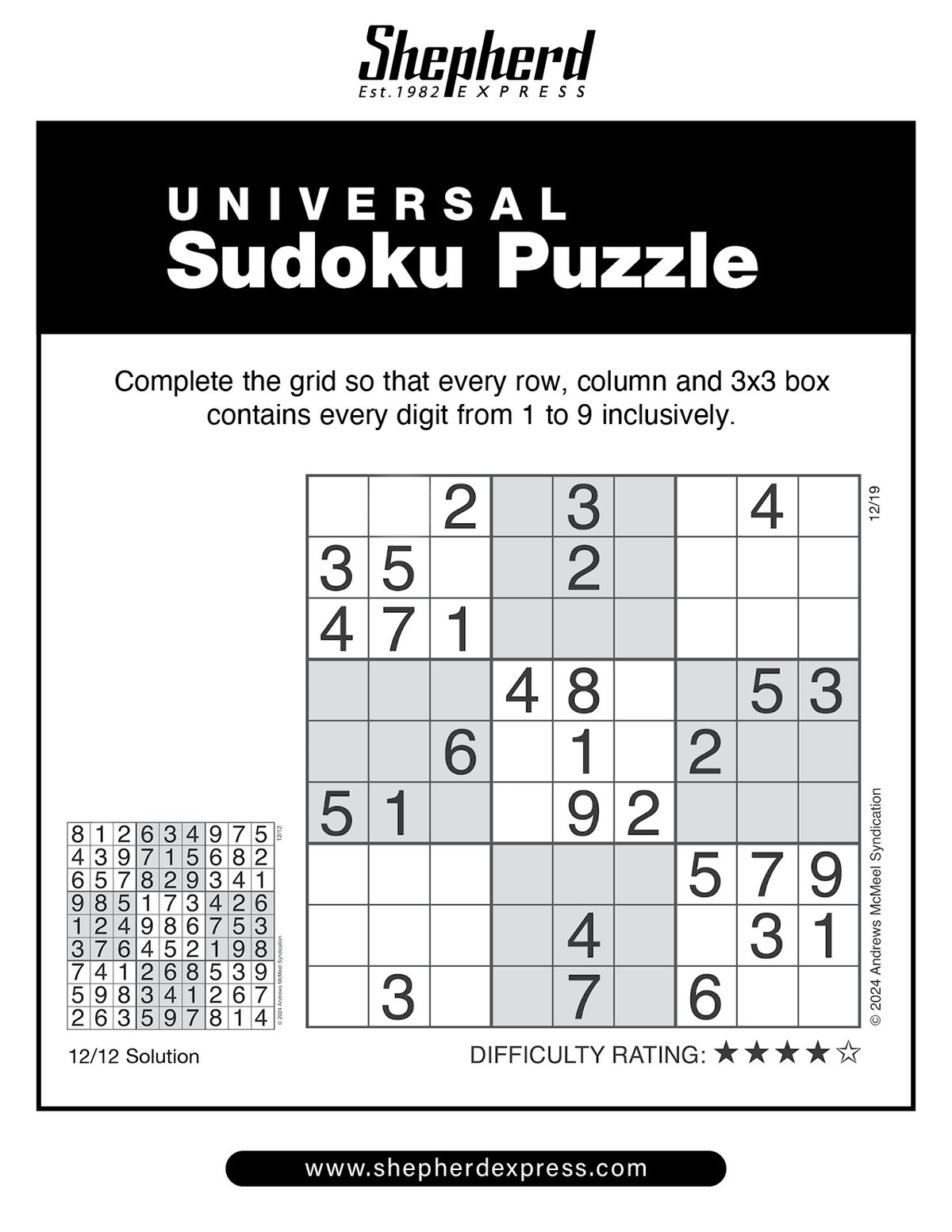 Sudoku December 19, 2024 Shepherd Express