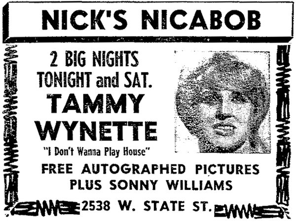 Ad for Tammy Wynette at Nick's Nicabob in 1968