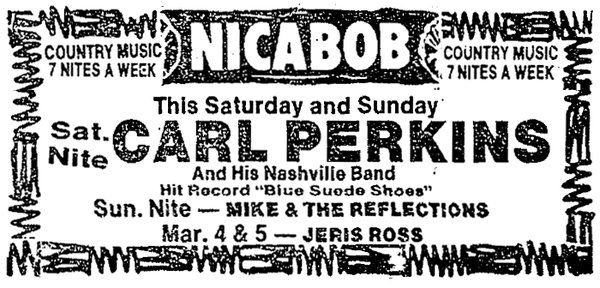 Ad for Carl Perkins at Nick's Nicabob in 1977