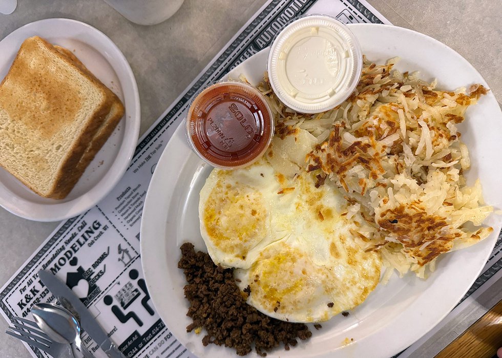 Oak Creek Diner Eggs with Chorizo and Hash Browns