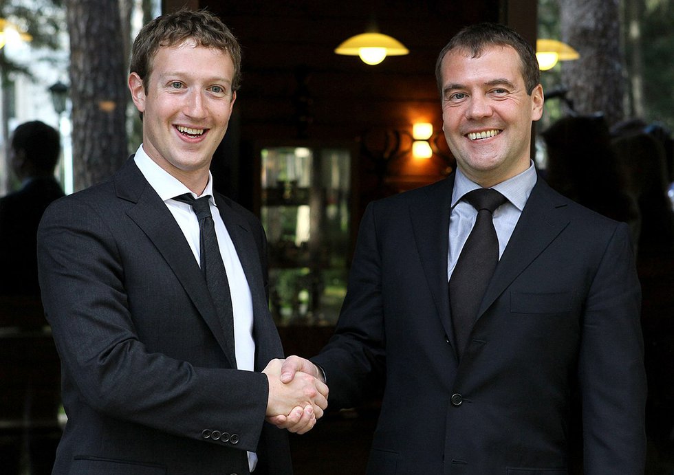 Mark Zuckerberg and Russian Prime Minister Dmitry Medvedev during their meeting at the Russian leader's residence outside Moscow, October 1, 2012